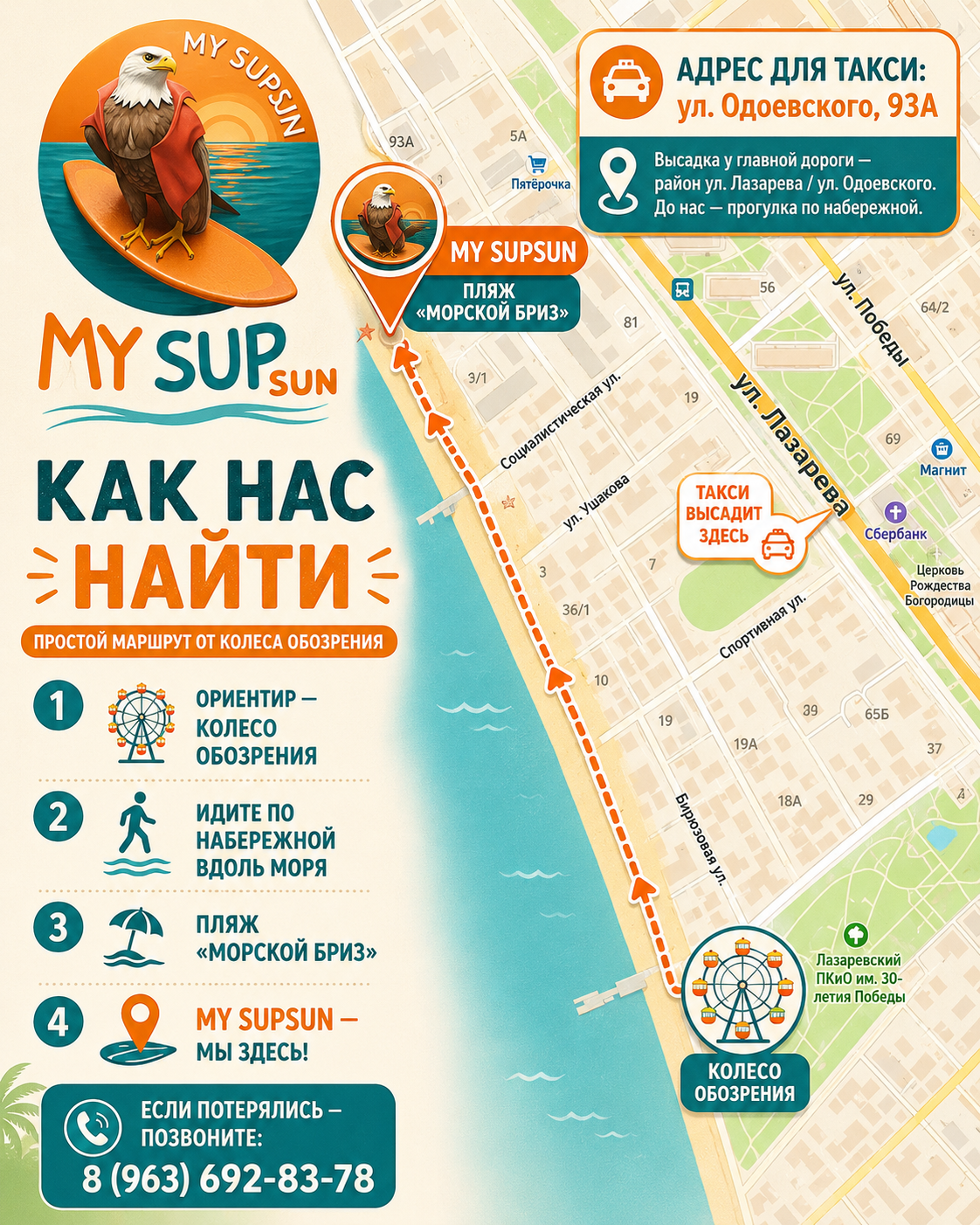 Схема маршрута к пляжу Морской бриз в Лазаревском